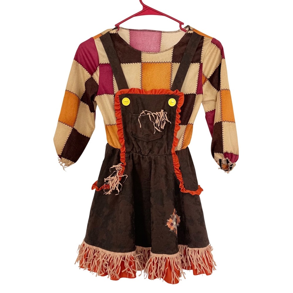 Scarecrow Costume Kids M Brown Orange Patchwork Dress with‎ Hat
